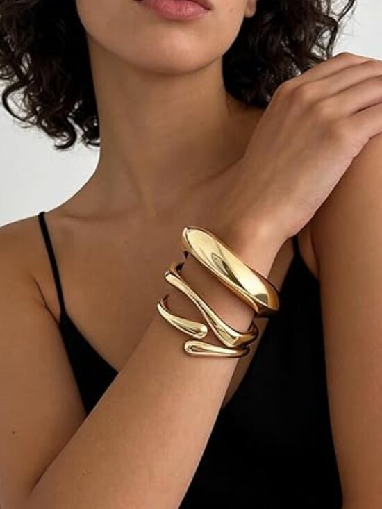 Jewelry - Chunky Gold Bangle Bracelets 14k Gold Plated Bangles Set Statement Cuff 3 Pc